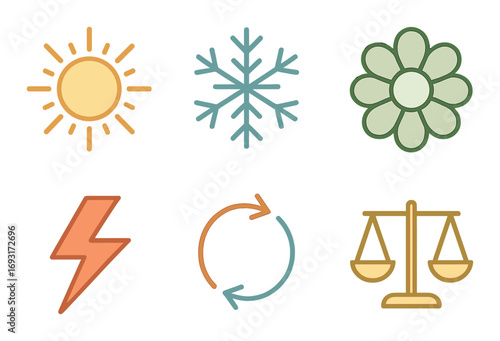Seasons and nature linear icons set. featuring sun, snowflake, flower, lightning, recycle, and balance symbols.