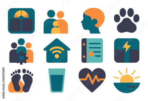 Health and wellness flat icon set. featuring scale, family, profile, paw, organization, home, wi-fi, document, energy, footprints, water, heartbeat, sunrise symbols.