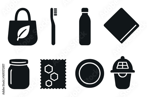 Eco-friendly products silhouette icon set. featuring bag, toothbrush, bottle, napkin, jar, cloth, plate, compost bin.