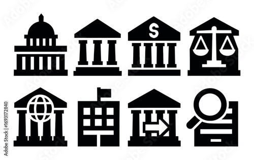 Government buildings silhouette icon set. featuring capitol, museum, bank, courthouse, globe, school, library, research.