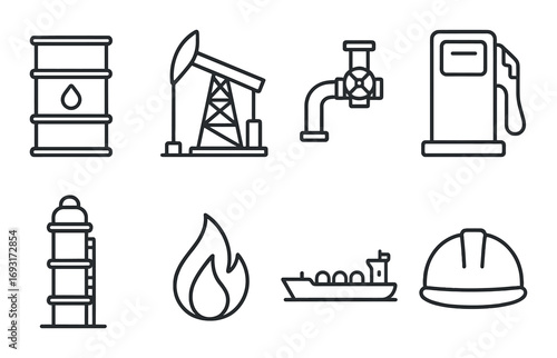 Oil industry linear icon set. featuring barrel, pumpjack, pipeline, fuel pump, refinery, flame, tanker, helmet.