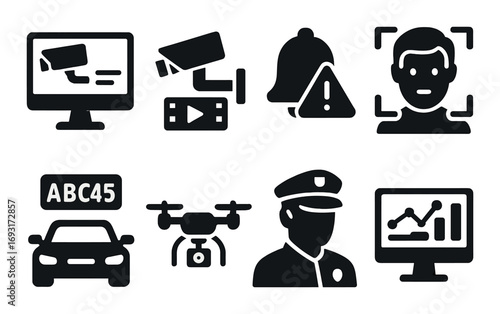 Security and surveillance silhouette icon set. featuring monitor, camera, alert, face recognition, license plate, and drone.