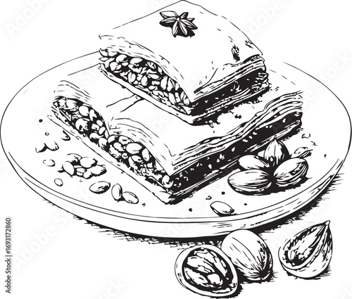 Baklava on Plate, Turkish Dessert Vector Illustration, Sketch Drawing Line Linear Symbol Icon Engraving Coloring Book, Hand-drawn Doodle Black and White Isolated