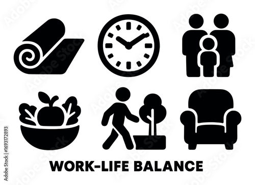 Work-life balance silhouette icon set. featuring yoga mat, clock, family, relaxation, exercise, and healthy eating.