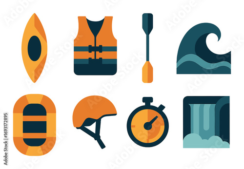 Water sports silhouette icon set. featuring kayak, life jacket, paddle, wave, lifebuoy, helmet, stopwatch, waterfall..