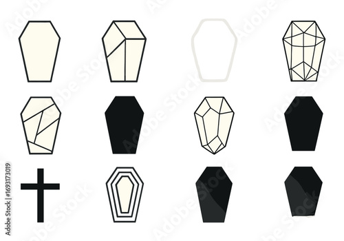 Funeral and burial linear icon set. featuring coffin, grave, memorial, casket, tombstone, and cross symbols.