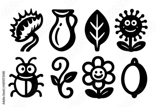 Nature silhouette icon set. featuring venus flytrap, pitcher plant, leaf, flower, beetle, sprout, blossom, and fruit.