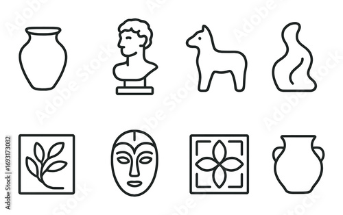 Animal and object silhouette icon set. featuring vase, sculpture, horse, abstract, mask, and leaf symbols.