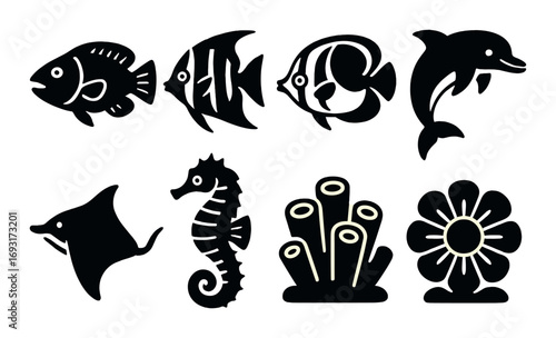 Marine life silhouette icon set. featuring fish, dolphin, stingray, seahorse, coral, and flower symbols.
