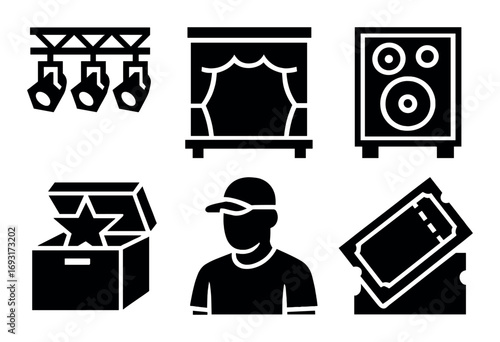Theater and concert silhouette icon set. featuring lights, stage, speaker, props, performer, tickets.