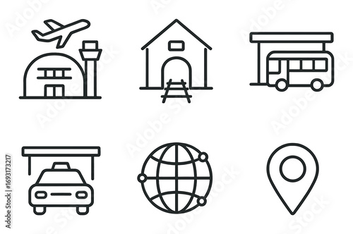 Transport and travel linear icons set. featuring airport, house, bus, taxi, globe, and pin symbols.