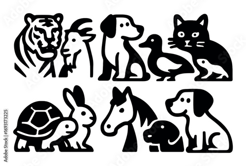 Animals silhouette icon set. featuring tiger, goat, dog, cat, duck, frog, turtle, rabbit, horse.