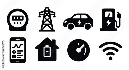 Energy and technology silhouette icon set. featuring meter, tower, electric car, station, mobile, house, gauge, wifi.