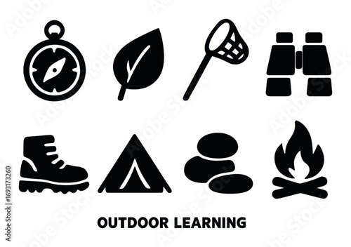 Outdoor learning silhouette icon set. featuring compass, leaf, net, binoculars, boot, tent, rocks, campfire.