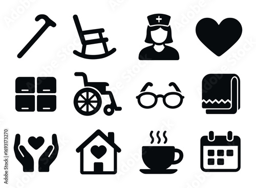 Healthcare and wellness silhouette icon set. featuring cane, wheelchair, nurse, heart, and home symbols.