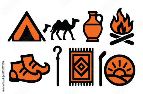 Desert adventure silhouette icon set. featuring tent, camel, jug, fire, boots, staff, rug, sunrise.