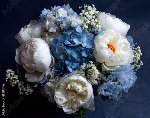 A bouquet of white and blue flowers