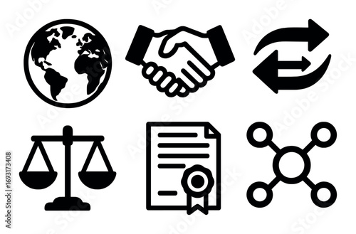 Legal and global business silhouette icon set. featuring globe, handshake, exchange, balance, contract, and network symbols..