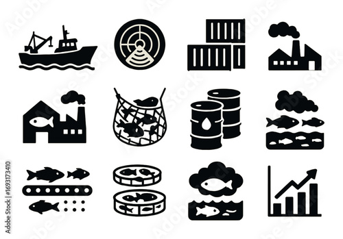 Fishing industry silhouette icon set. featuring boat, radar, containers, factory, barrels, fish farm, and chart symbols.