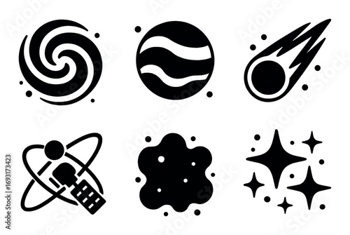 Astronomy silhouette icon set. featuring galaxy, planet, meteor, satellite, atom, and stars symbols