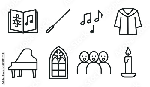 Choral music linear icons set. featuring sheet music, conductor's baton, notes, choir robe, piano, window, choir, candle.