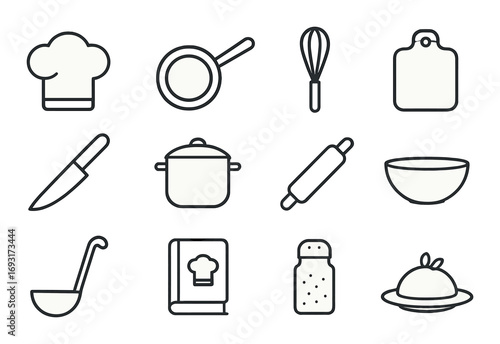 Cooking tools linear icon set. featuring chef hat, pan, whisk, cutting board, knife, pot, rolling pin, bowl, ladle, cookbook, salt shaker, cloche..