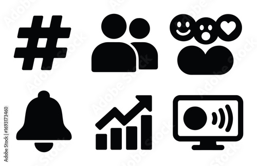 Social media silhouette icons set. featuring hashtag, followers, reactions, notification, analytics, and streaming symbols.
