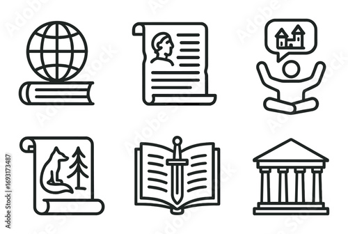 Mythology history linear icon set. featuring scroll, globe, document, meditation, temple, and book symbols.