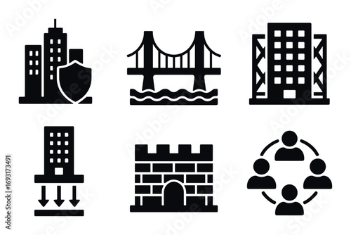 Security silhouette icon set. featuring building, bridge, download, gate, and team symbols.
