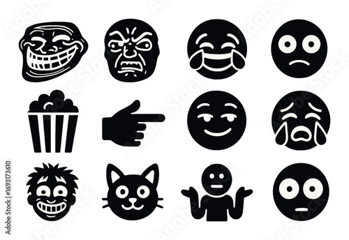 Emotions silhouette icon set. featuring troll, angry, laugh, sad, popcorn, point, happy, cry, shocked, cat, confused symbols.