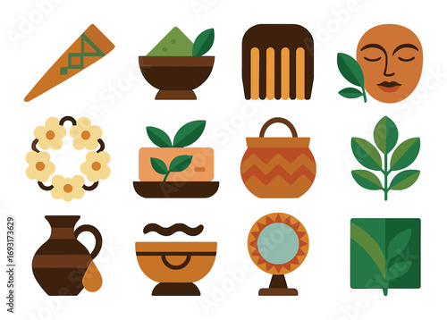 Natural beauty flat icon set. featuring skincare, face mask, comb, bowl, plant, jug, and leaf symbols.