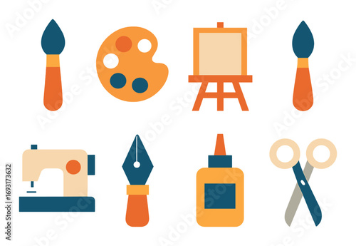 Art supplies flat icon set. featuring paintbrush, palette, easel, sewing machine, pencil, glue, and scissors.
