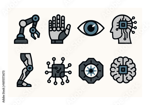 Technology and ai flat icons set. featuring robotic arm, prosthetic hand, eye, ai head, prosthetic leg, chip, cyber eye, brain circuits.