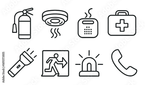 Safety equipment linear icon set. featuring extinguisher, smoke detector, first aid, flashlight, emergency exit, siren.