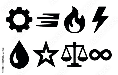 Elements silhouette icons set. featuring gear, speed, fire, lightning, water, star, justice, and infinity symbols.