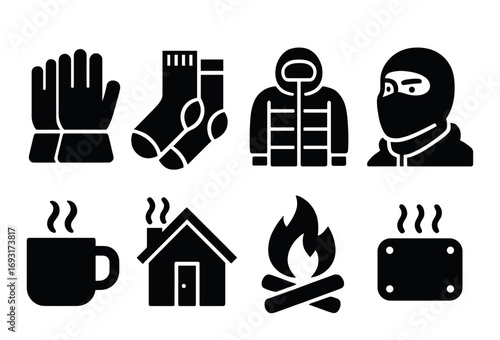 Winter essentials silhouette icon set. featuring gloves, socks, jacket, balaclava, mug, house, fire, heater.