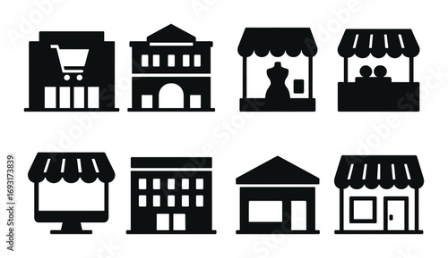 Shops and marketplaces silhouette icon set. featuring mall, boutique, kiosk, storefront, and department store symbols.
