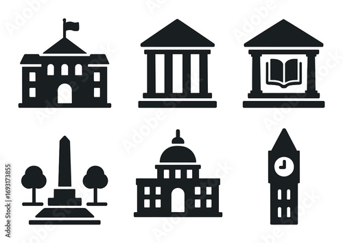 Historical buildings silhouette icon set. featuring university, courthouse, library, monument, museum, clock tower..
