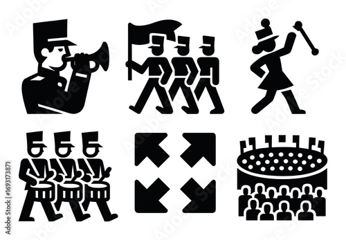 Parade silhouette icon set. featuring marching band, drummer, formation, stadium, and baton twirler..