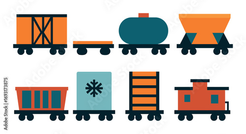Railroad silhouette icon set. featuring freight, fuel, hopper, gondola, boxcar, tank, and caboose icons.