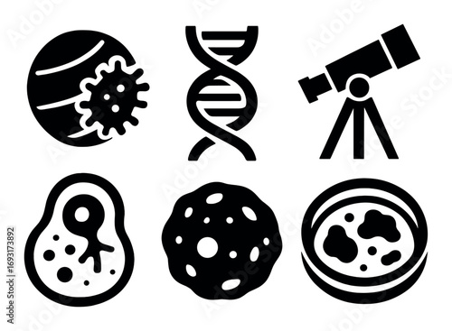 Science research silhouette icon set. featuring planet, dna, telescope, cell, asteroid, and petri dish symbols.