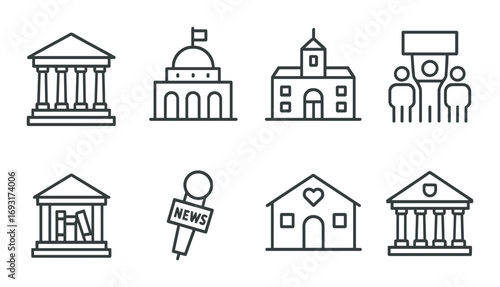 Community and civic engagement linear icons set. featuring court, government, church, protest, library, news, charity, forum.