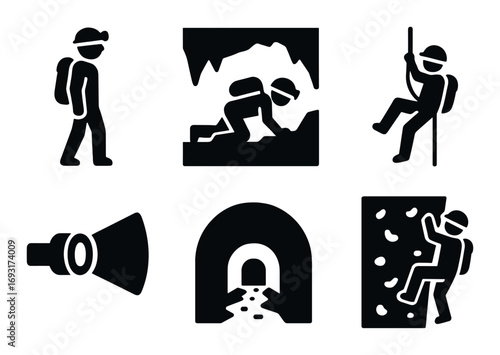 Outdoor activities silhouette icon set. featuring hiking, caving, rappelling, rock climbing, and trail symbols.