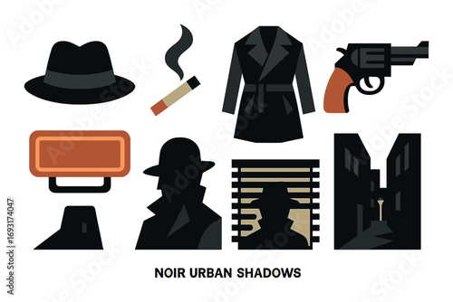 Noir theme silhouette icon set. featuring hat, cigarette, coat, gun, streetlamp, detective silhouette, alleyway.