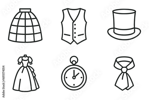 Victorian fashion linear icon set. featuring hoop skirt, waistcoat, top hat, gown, pocket watch, cravat.