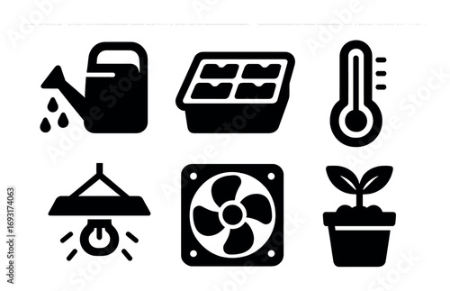 Gardening silhouette icon set. featuring watering can, seed tray, thermometer, grow light, fan, plant pot.