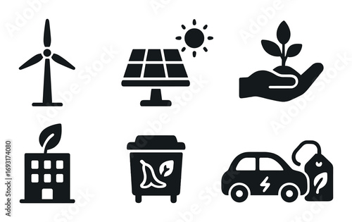 Sustainability silhouette icon set. featuring wind turbine, solar panel, plant, eco building, recycling, electric car.