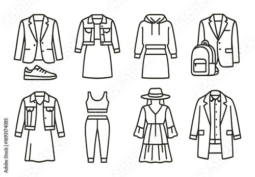 Fashion linear icon set. featuring jacket, dress, hoodie, backpack, sneakers, hat, and pants symbols.