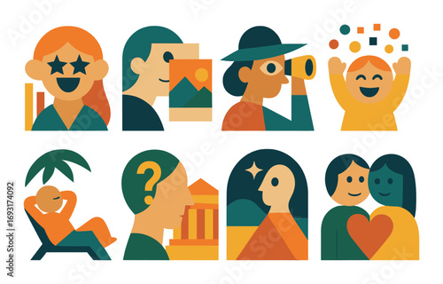 Travel adventures flat icon set. featuring tourist, camera, map, beach, sunset, and selfie symbols.