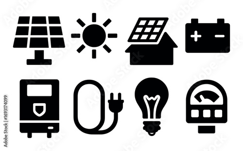 Renewable energy silhouette icon set. featuring solar panel, sun, house panel, battery, inverter, cable, bulb, meter.
